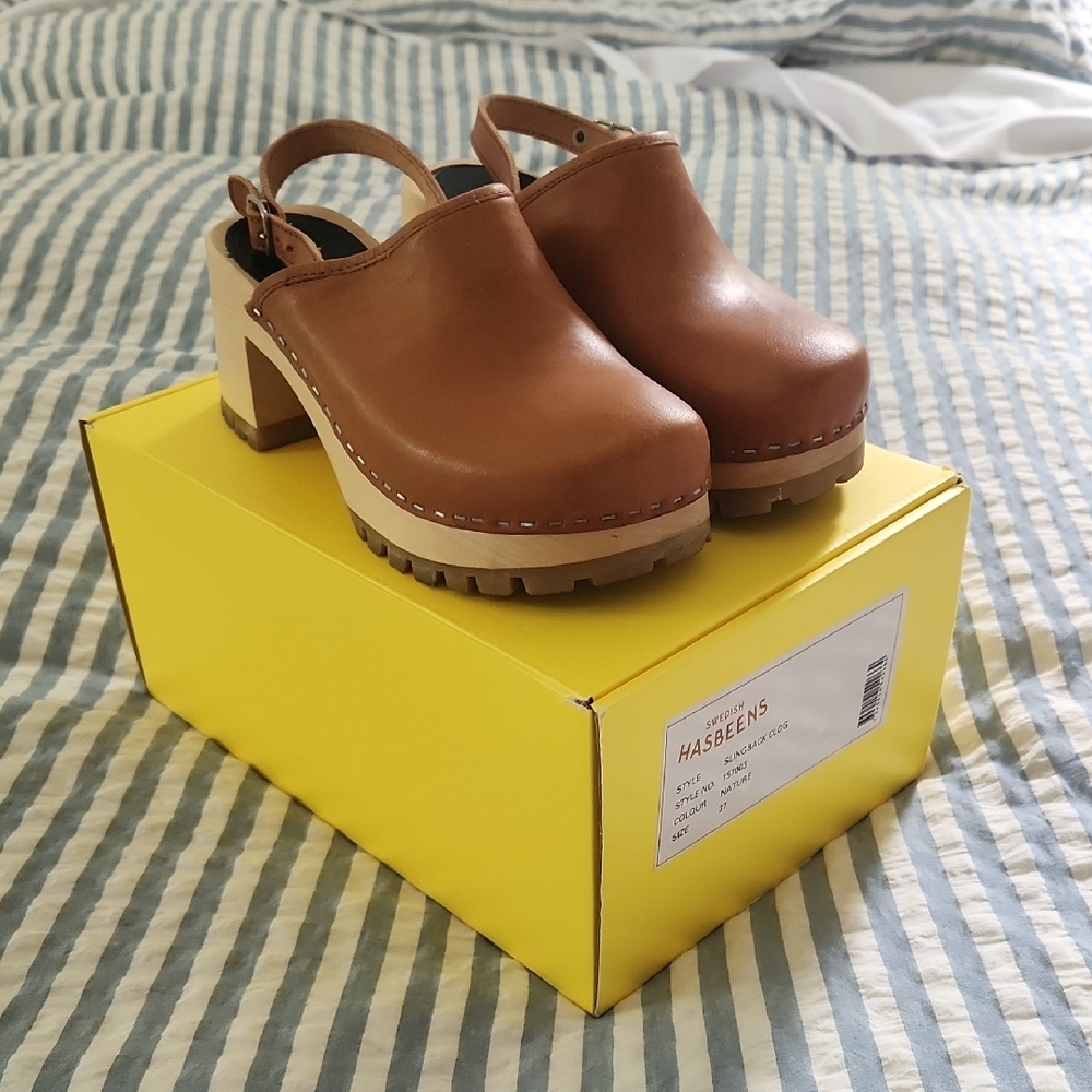 Swedish Hasbeens Brown Leather Mules with Wooden Platform